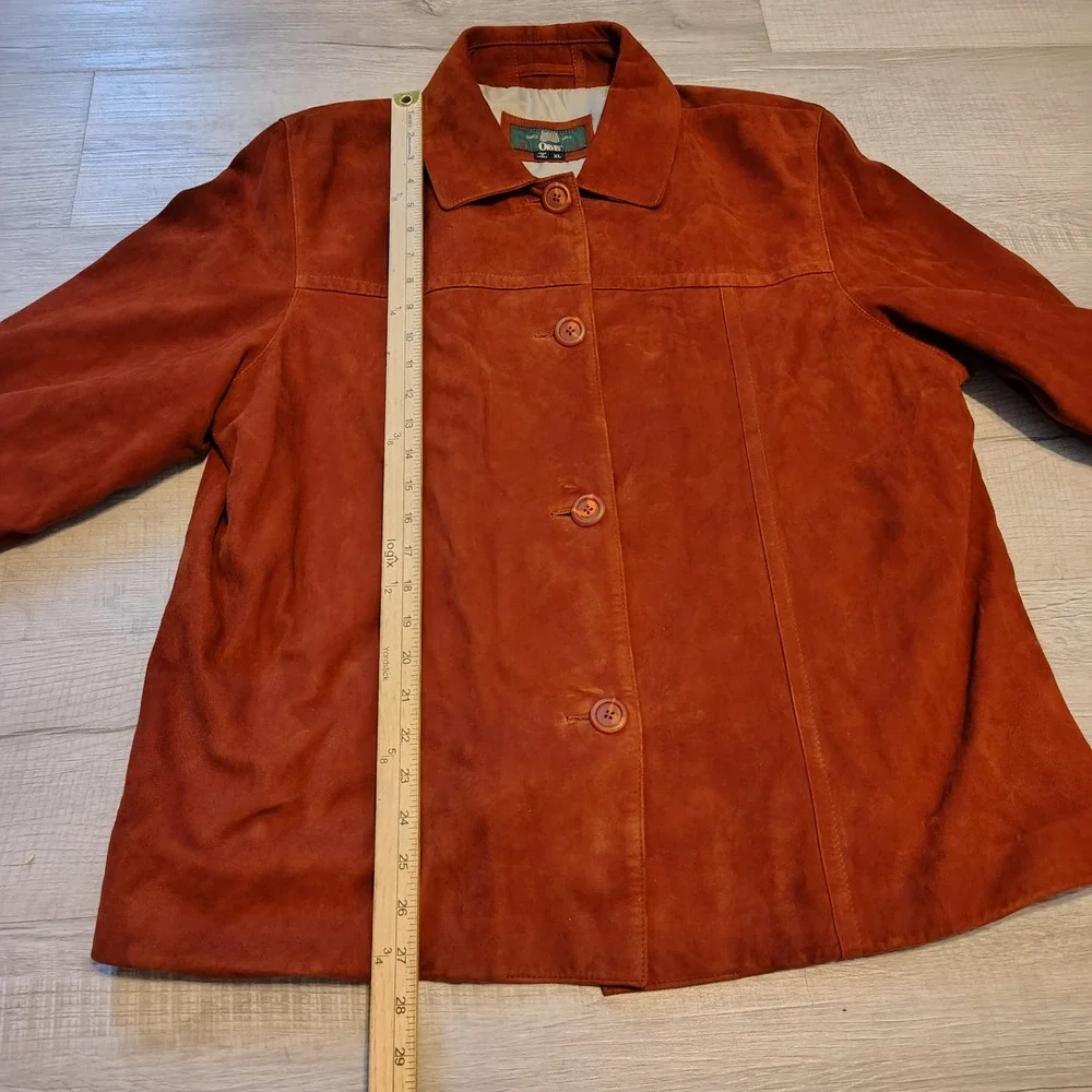 Orvis Womens XL Burnt Orange Suede Leather Jacket Button Front Coat Brown VTG 90